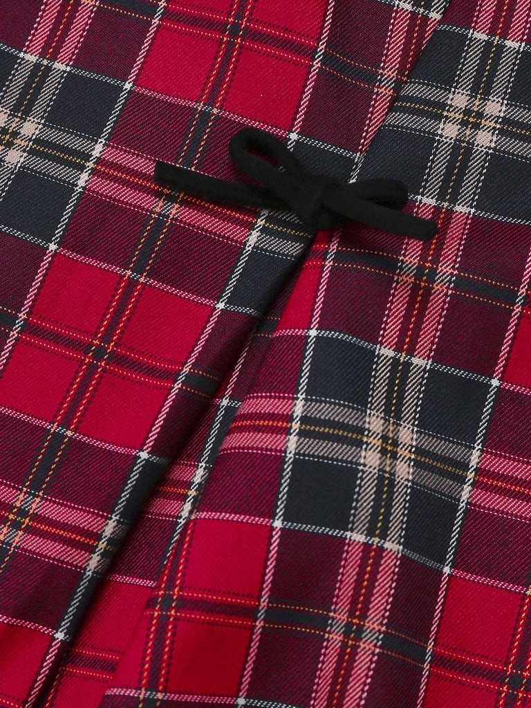 [Vorverkauf] 2PCS 1950er Samt Bogen Rollkragen Stricken Top & Plaid Kleid