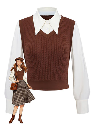 [Vorverkauf] Braun 1940er Stricken Weste Kunst-Zweiteilig Bluse