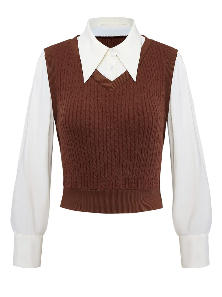 [Vorverkauf] Braun 1940er Stricken Weste Kunst-Zweiteilig Bluse