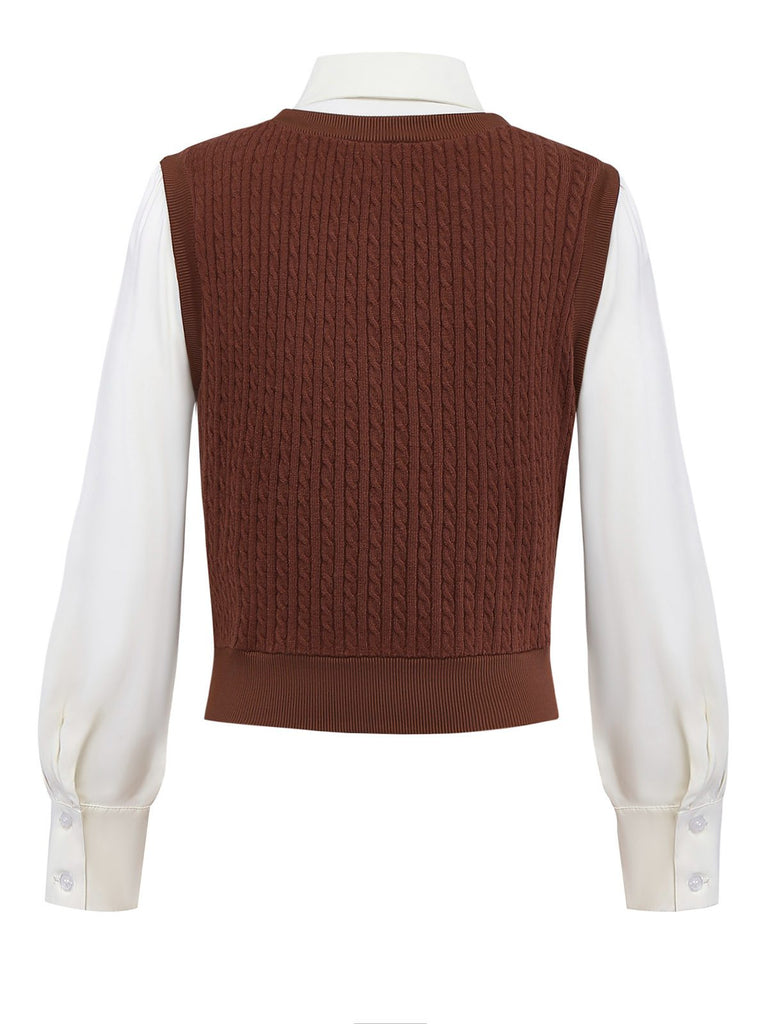 [Vorverkauf] 2PCS Braun 1940er Stricken Kunst-Zweiteilig Bluse & Karo Rock