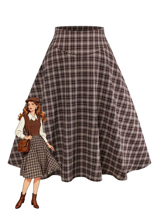 [Vorverkauf] Braun 1940er Vichy Karo Breit-Taille Rock