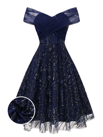 [Vorverkauf] Blau 1950er Schulterfrei Stickerei Pailletten Blumen Kleid