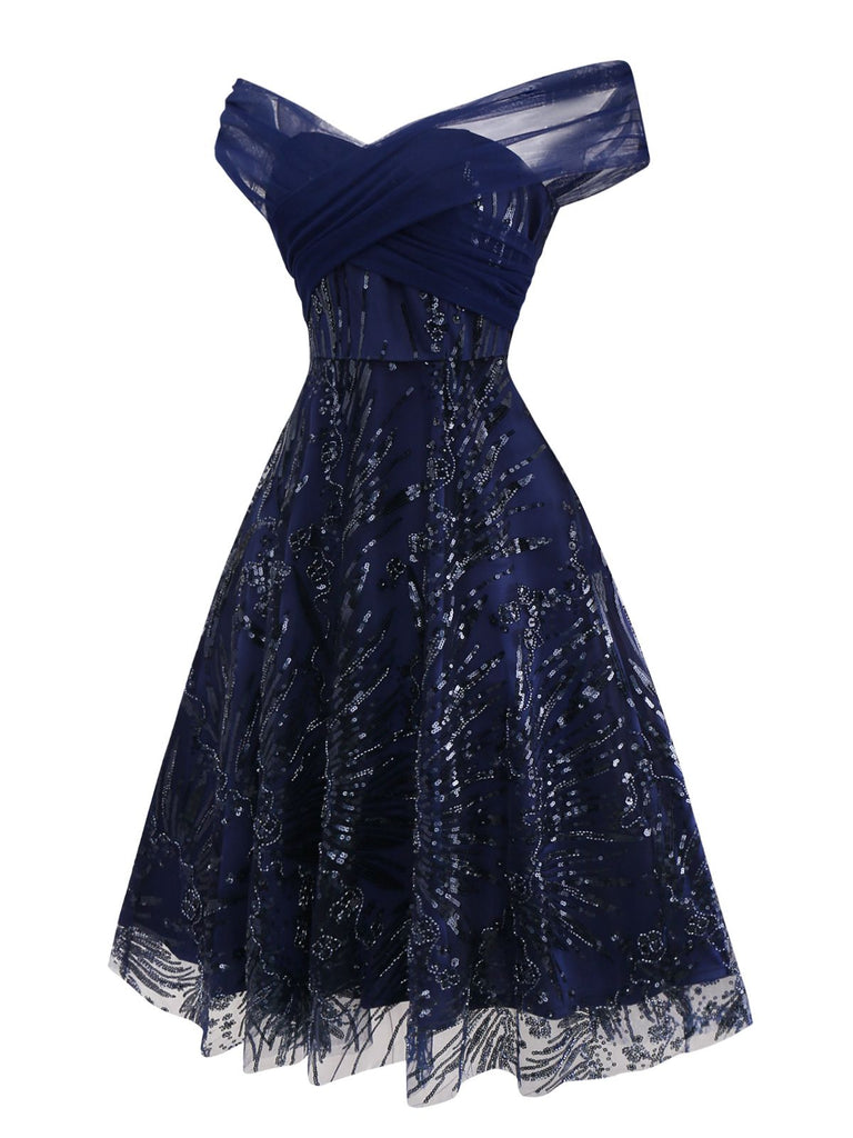 [Vorverkauf] Blau 1950er Schulterfrei Stickerei Pailletten Blumen Kleid