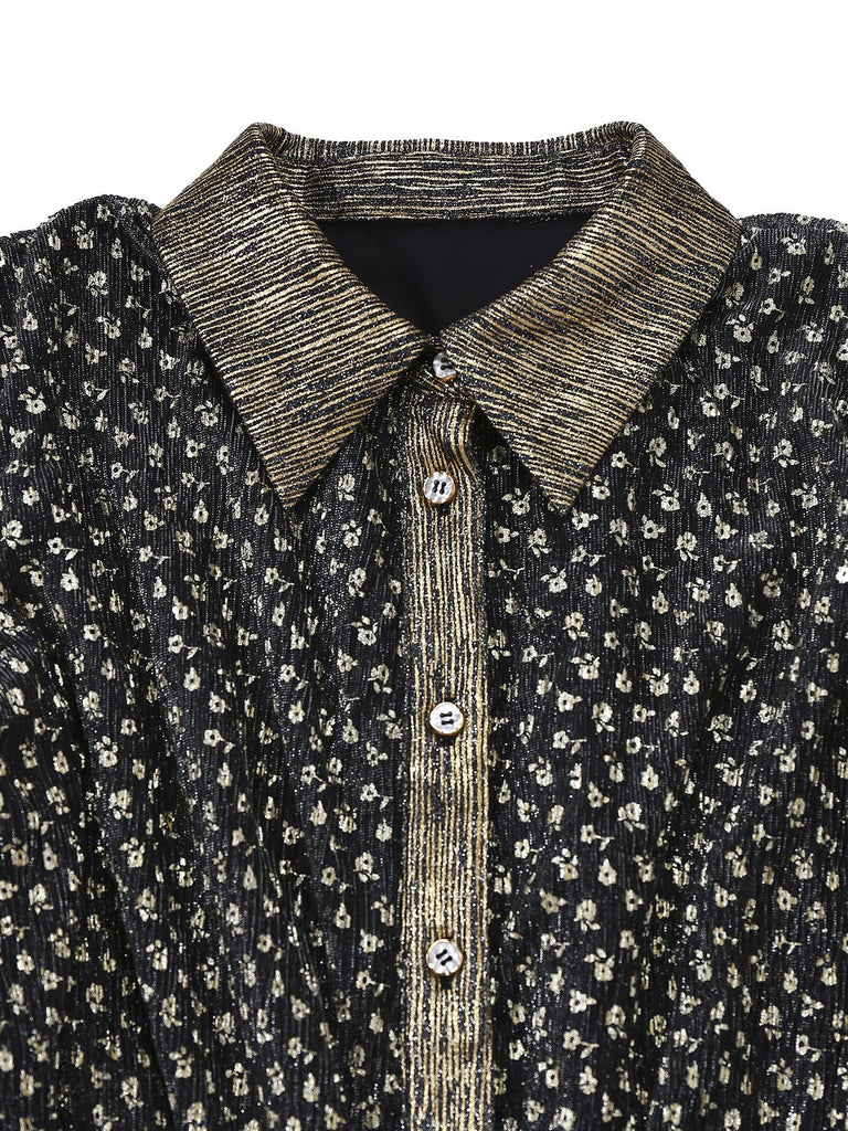 [Vorverkauf] Gold 1980er Schwarz Vergoldet Glockenärmel Shirt Jumpsuit