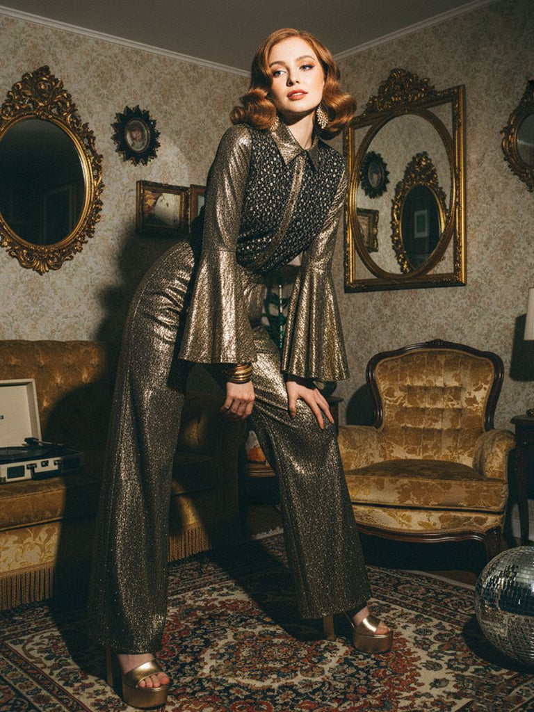 [Vorverkauf] Gold 1980er Schwarz Vergoldet Glockenärmel Shirt Jumpsuit