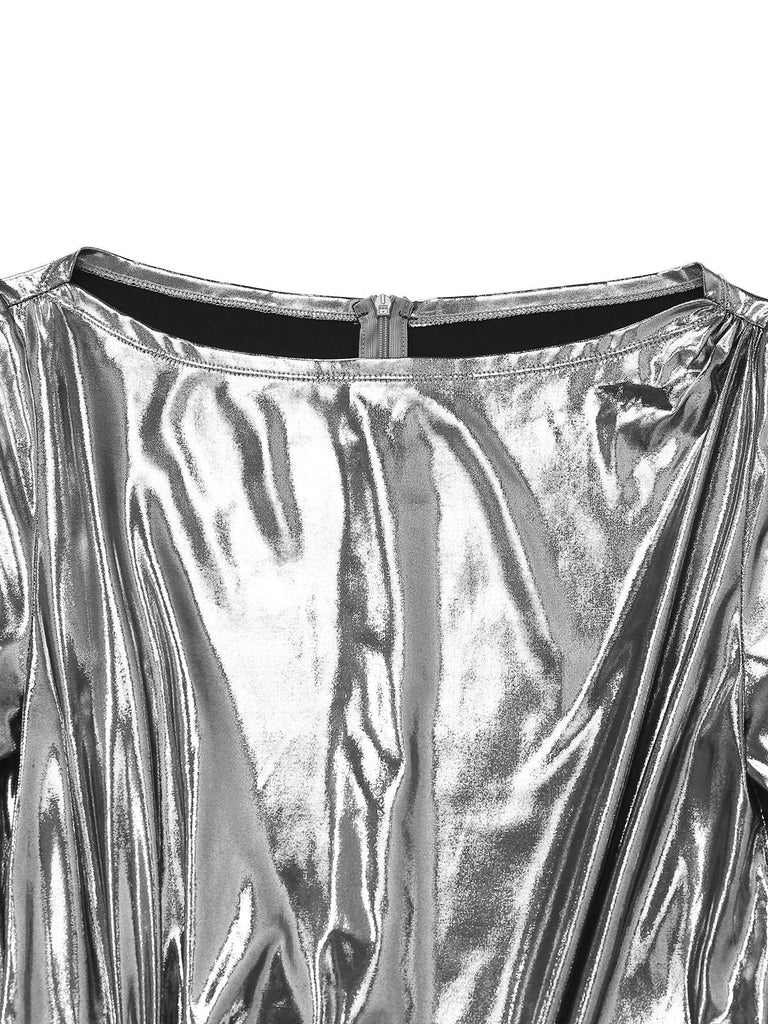 [Vorverkauf] Silber 1970er Metallisch Twist Bootskragen Schlitz Kleid