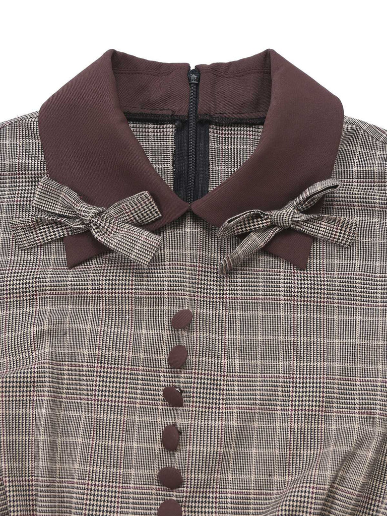 [Vorverkauf] Braun 1950er Revers Plaid Bogen Kleid