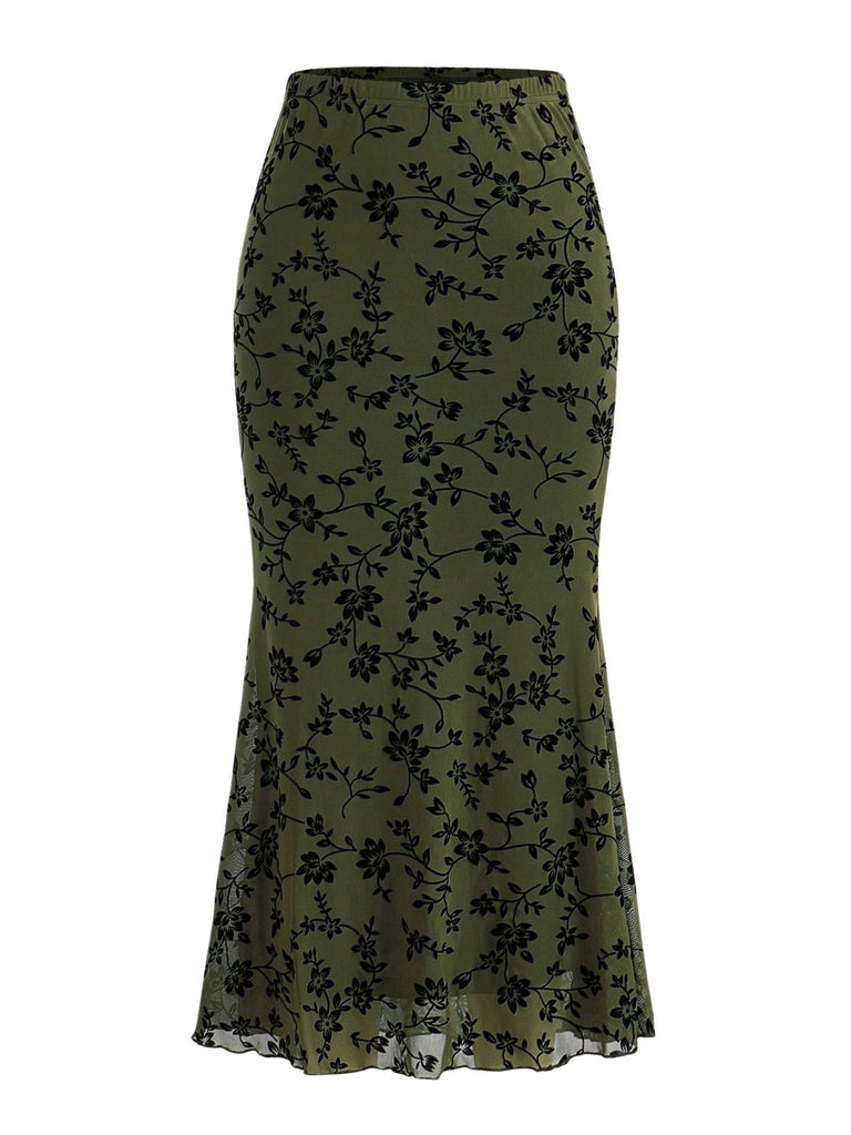 1930er Beflockter Blumen Maxi Meerjungfrau Rock