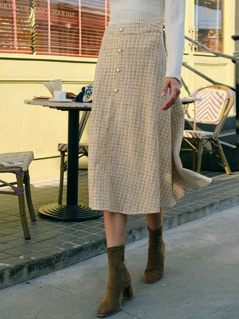 Beige 1940er Perle Taste Plaid Tweed A-Linie Rock