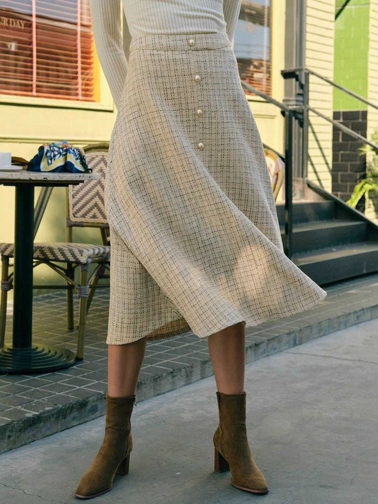 Beige 1940er Perle Taste Plaid Tweed A-Linie Rock