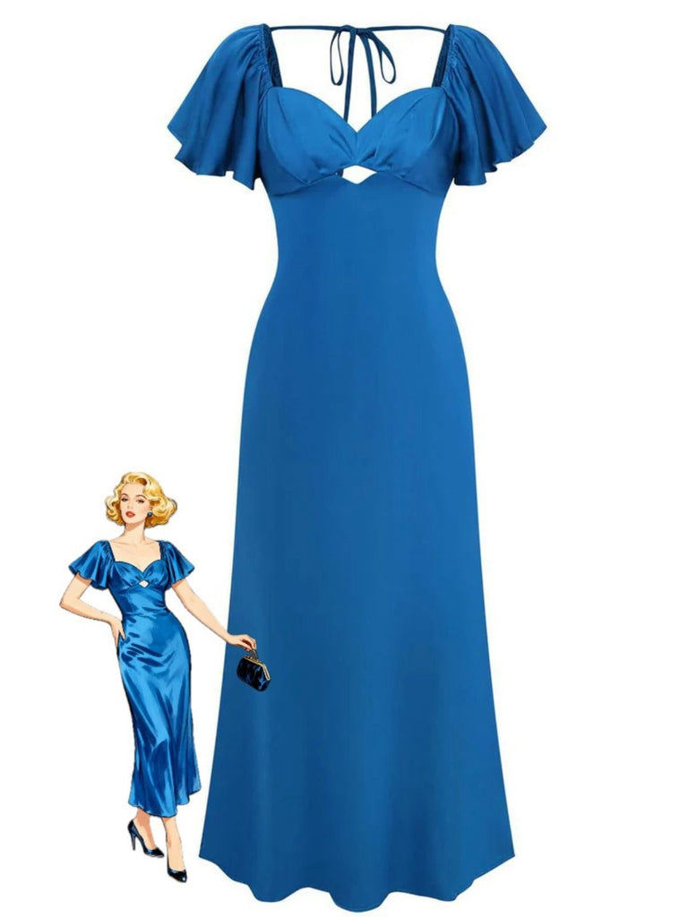 1930er Herz Neck Rüschen Sleeve Satin Kleid