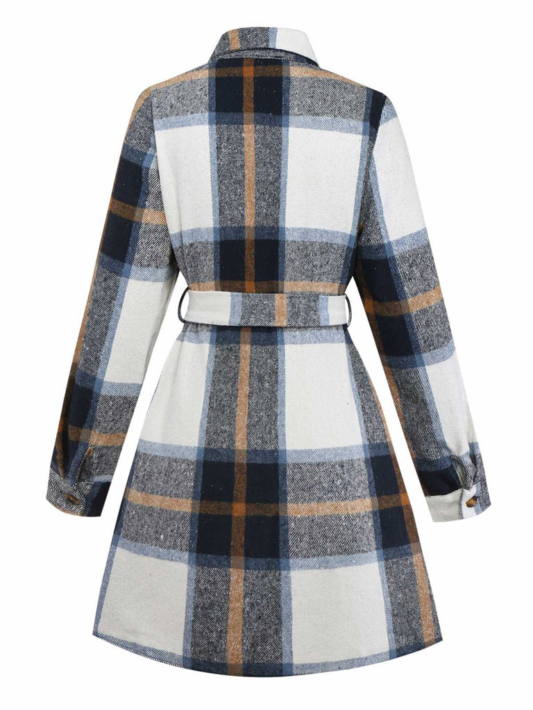 Mehrfarbig 1960er Kariert Gürtel Hemd Kleid