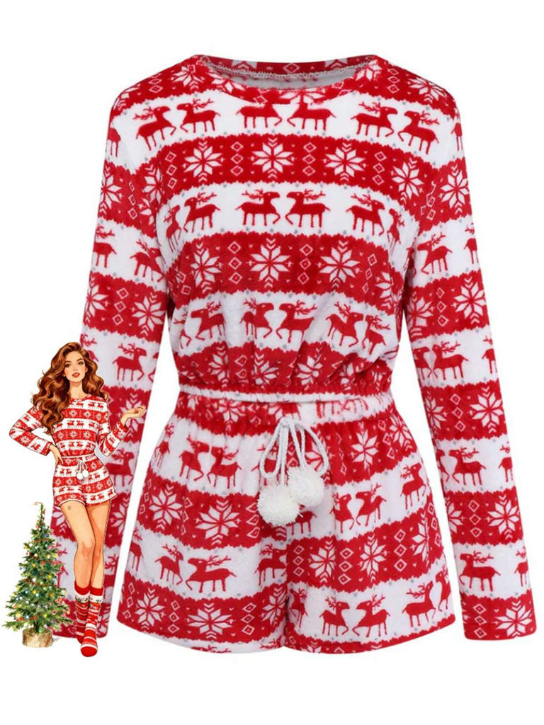 Rot 1960er Weihnachten Rentier-Korallenfleece Pyjama