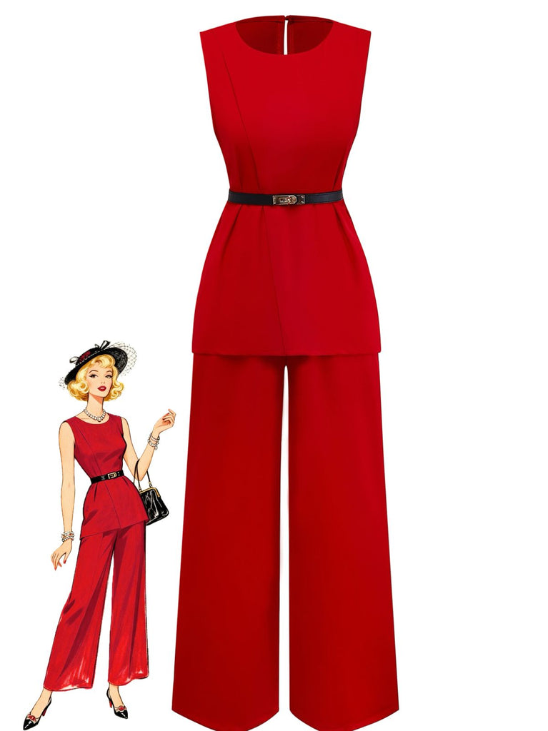 2PCS 1960er Ärmellos Weste & Gürtel Taille Hose
