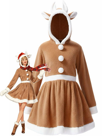 1960er Weihnachten Ren Hooded Korallenvlies Kleid