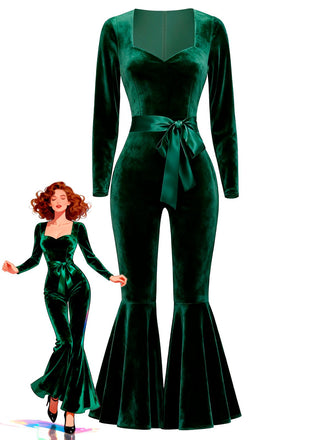 [Vorverkauf] Grün 1970er Herzförmiger Ausgestelltes Bein Samt Jumpsuit