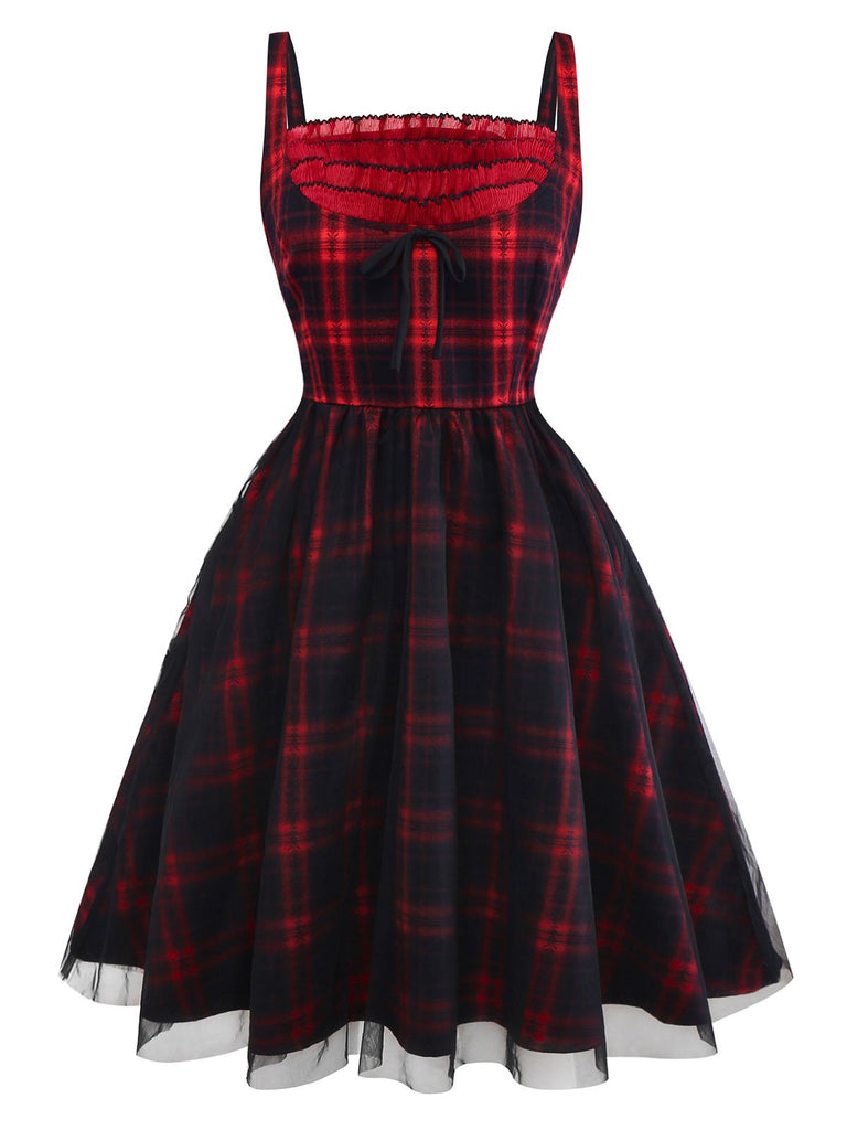 [Vorverkauf] Rot & Schwarz 1950er Plaid Bogen Netz Kleid