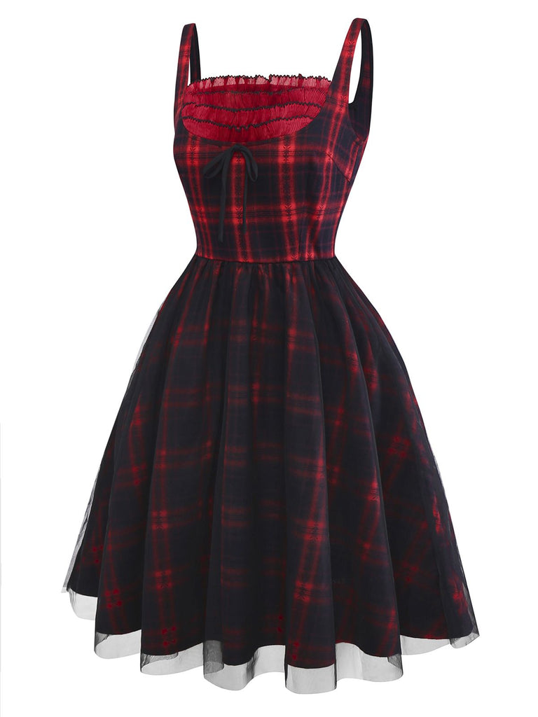 [Vorverkauf] Rot & Schwarz 1950er Plaid Bogen Netz Kleid