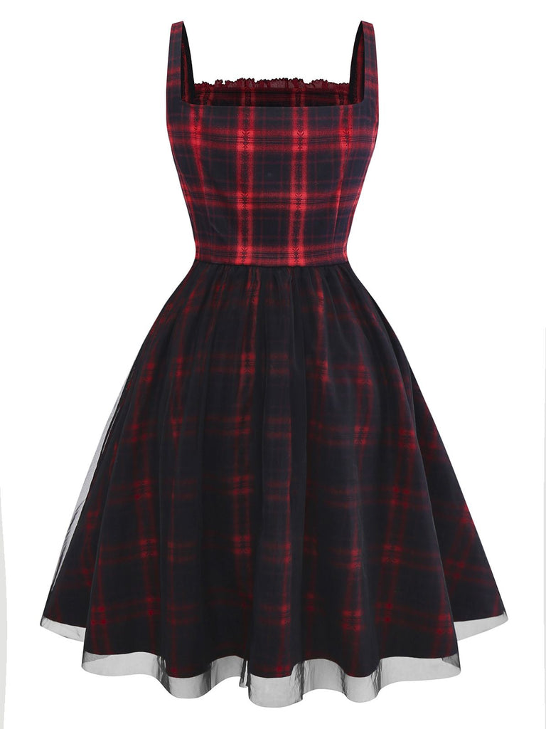 [Vorverkauf] Rot & Schwarz 1950er Plaid Bogen Netz Kleid