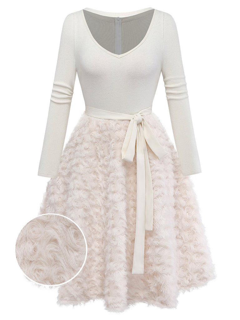 [Vorverkauf] Beige 1950er Schlüsselloch Bogen Stricken Plüsch Kleid