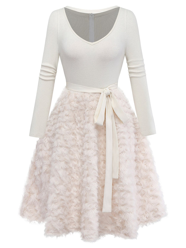 [Vorverkauf] Beige 1950er Schlüsselloch Bogen Stricken Plüsch Kleid