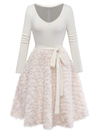 [Vorverkauf] Beige 1950er Schlüsselloch Bogen Stricken Plüsch Kleid