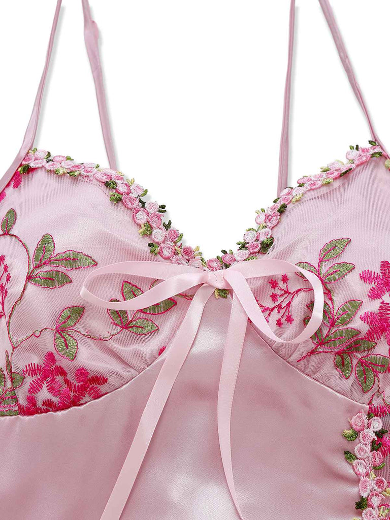 [Vorverkauf] Rosa 1950er Stickerei Blumen Netz Satin Nachthemd