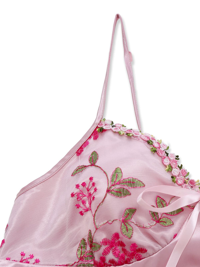 [Vorverkauf] Rosa 1950er Stickerei Blumen Netz Satin Nachthemd