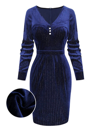[Vorverkauf] Blau 1960er V-Ausschnitt Glitter Samt Bleistift Kleid