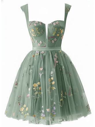[Vorverkauf] Grün 1970er Besticktes Blumen Spitze Mini Kleid