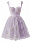 Lila 1970er Besticktes Blumen Spitze Mini Kleid