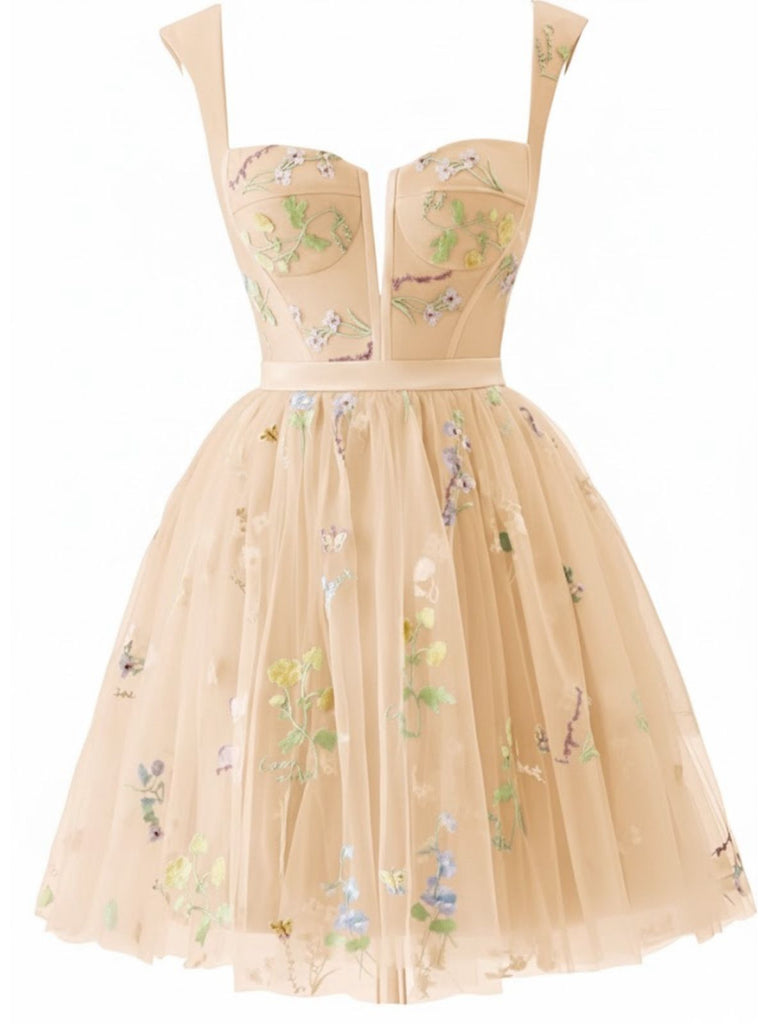 1970er Besticktes Blumen Spitze Mini Kleid