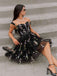 Schwarz 1970er Besticktes Blumen Spitze Mini Kleid