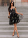 Schwarz 1970er Besticktes Blumen Spitze Mini Kleid