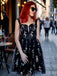 Schwarz 1970er Besticktes Blumen Spitze Mini Kleid