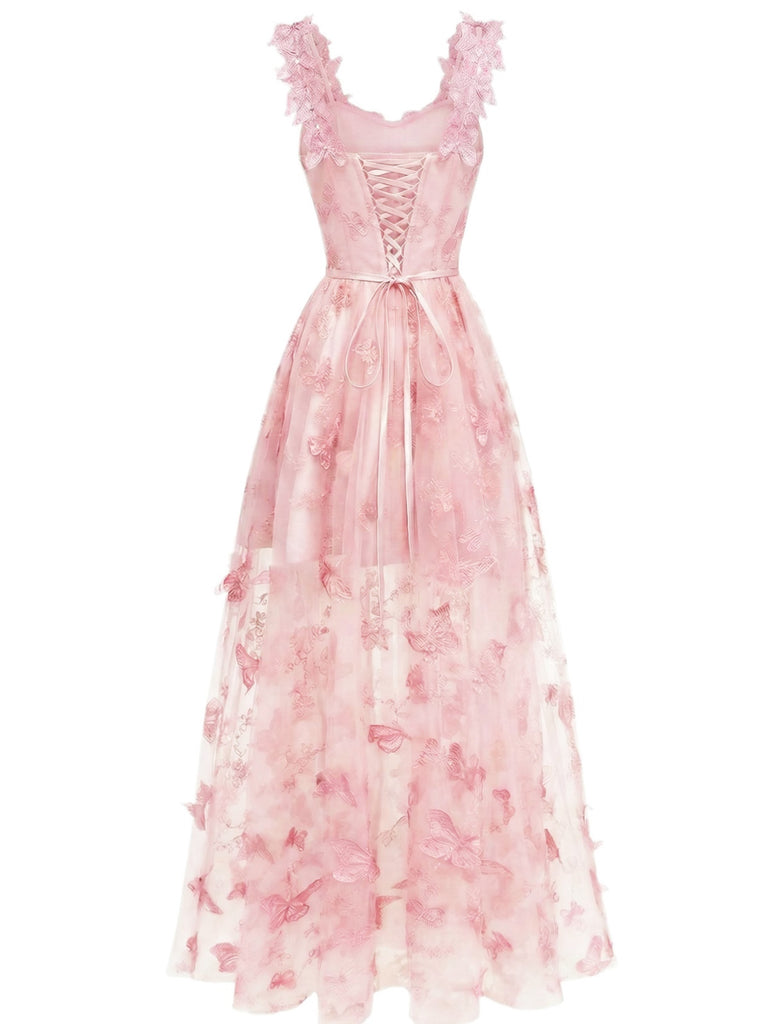 Grün 1930er Spaghetti Träger 3D Schmetterlinge Netz Maxi Kleid