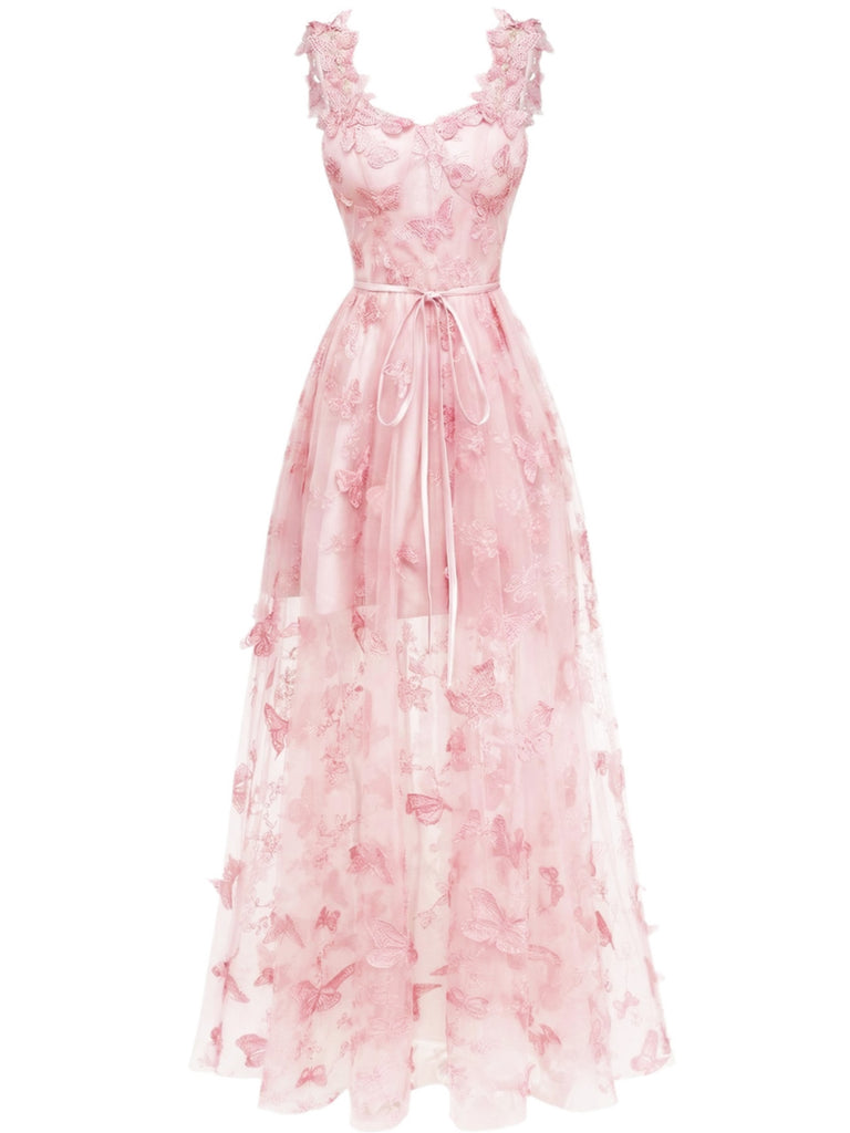 Grün 1930er Spaghetti Träger 3D Schmetterlinge Netz Maxi Kleid