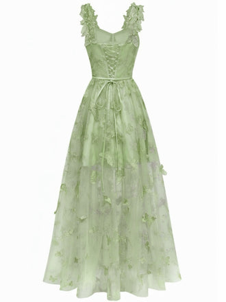 Grün 1930er Spaghetti Träger 3D Schmetterlinge Netz Maxi Kleid