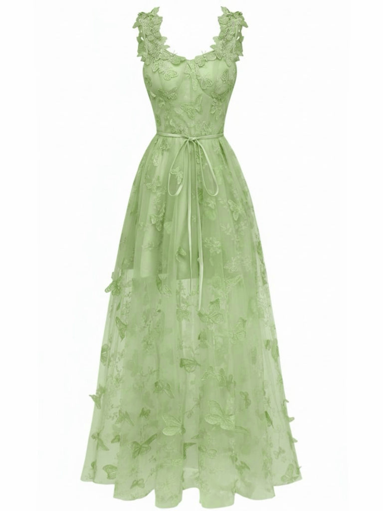 Grün 1930er Spaghetti Träger 3D Schmetterlinge Netz Maxi Kleid