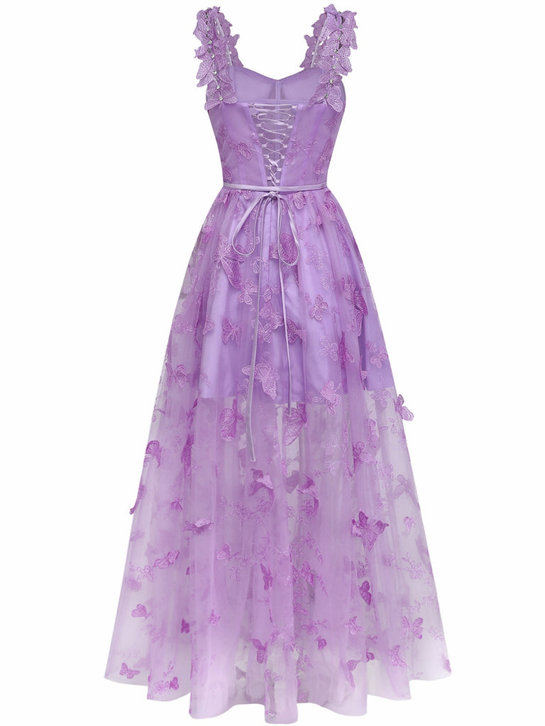 Grün 1930er Spaghetti Träger 3D Schmetterlinge Netz Maxi Kleid