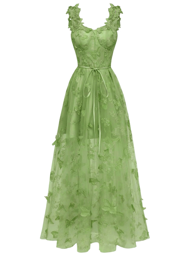 Gelb 1930er Spaghetti Träger 3D Schmetterlinge Netz Maxi Kleid