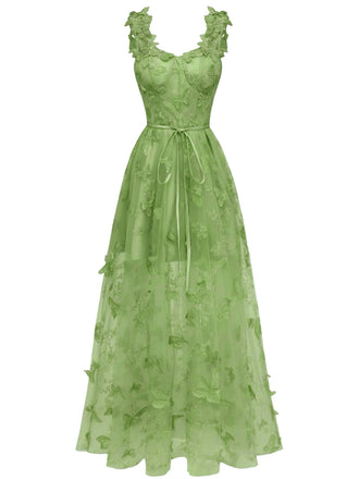 Grün 1930er Spaghetti Träger 3D Schmetterlinge Netz Maxi Kleid