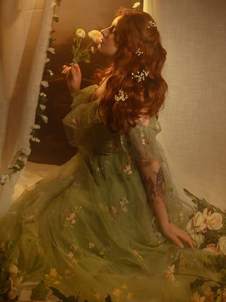 Grün 1970er Slip Blumen Besticktes Netz Schlitz Kleid