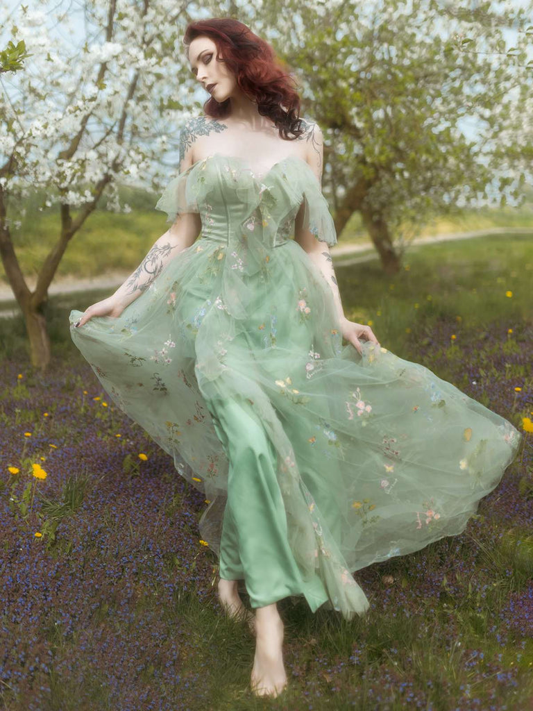 Grün 1970er Slip Blumen Besticktes Netz Schlitz Kleid