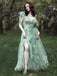 Grün 1970er Slip Blumen Besticktes Netz Schlitz Kleid