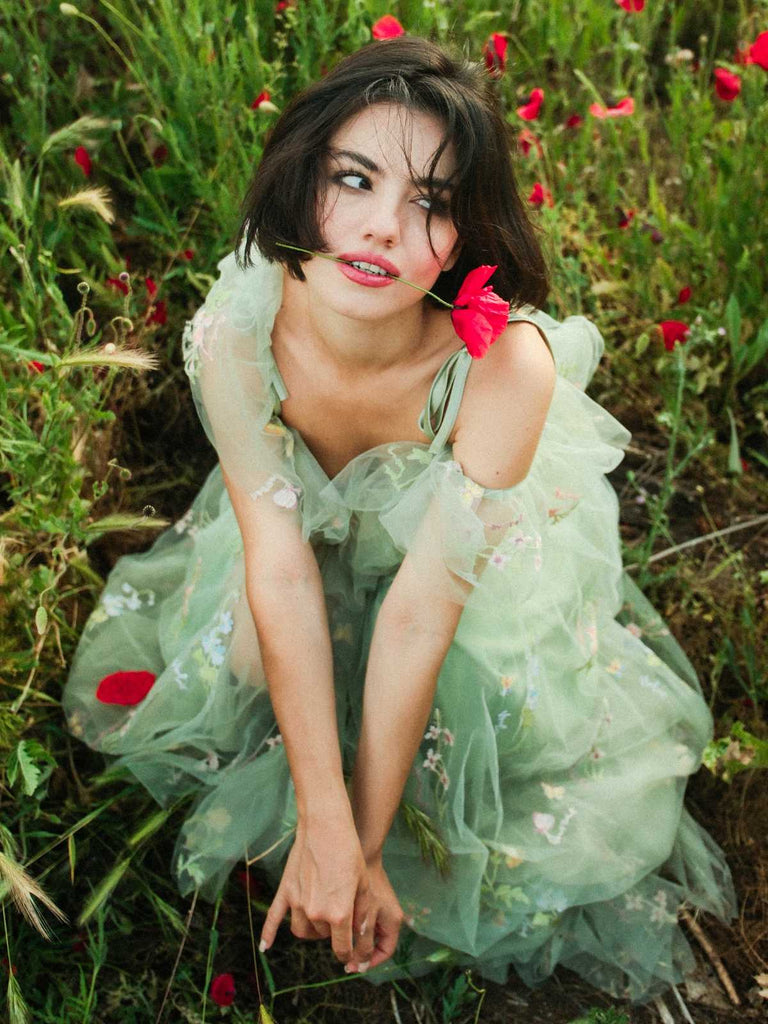 Grün 1970er Slip Blumen Besticktes Netz Schlitz Kleid