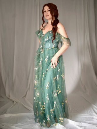 Olivgrün 1970er Slip Blumen Besticktes Netz Schlitz Kleid