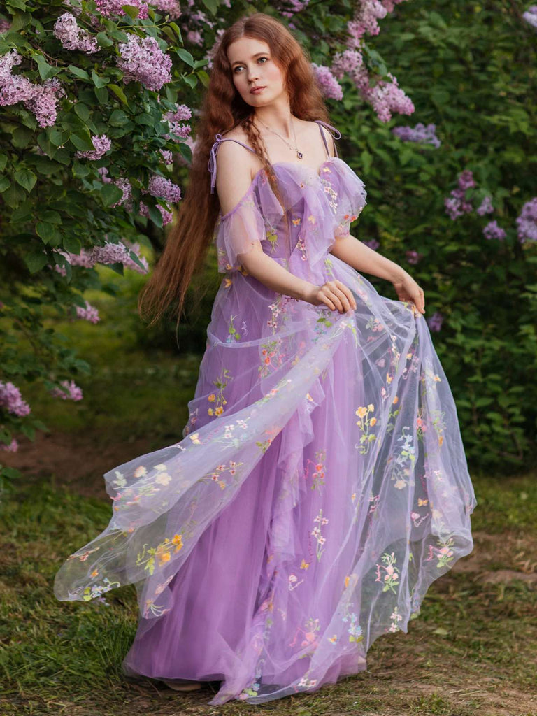 Lila 1970er Slip Blumen Besticktes Netz Schlitz Kleid