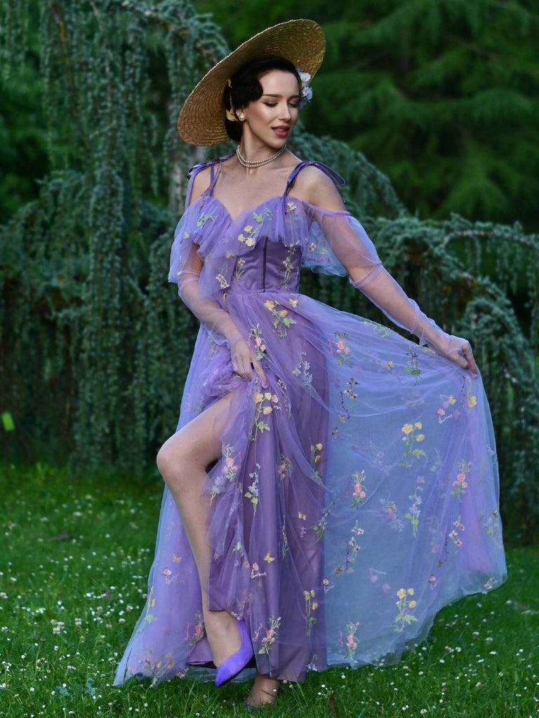 Lila 1970er Slip Blumen Besticktes Netz Schlitz Kleid