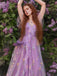 Lila 1970er Slip Blumen Besticktes Netz Schlitz Kleid